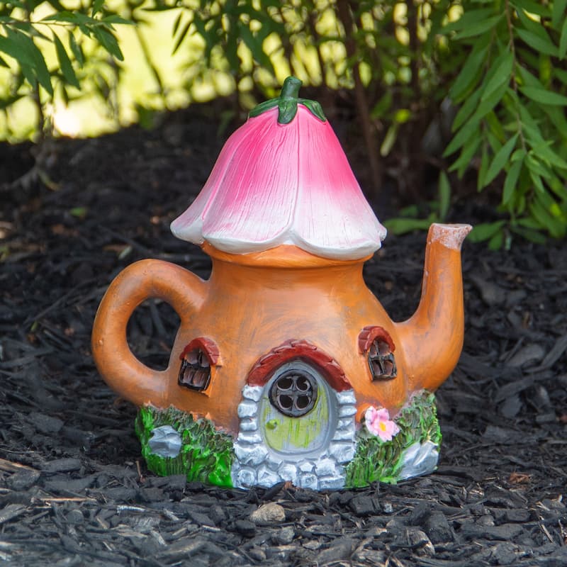 7" Solar Lighted Flower Teapot Outdoor Garden Statue