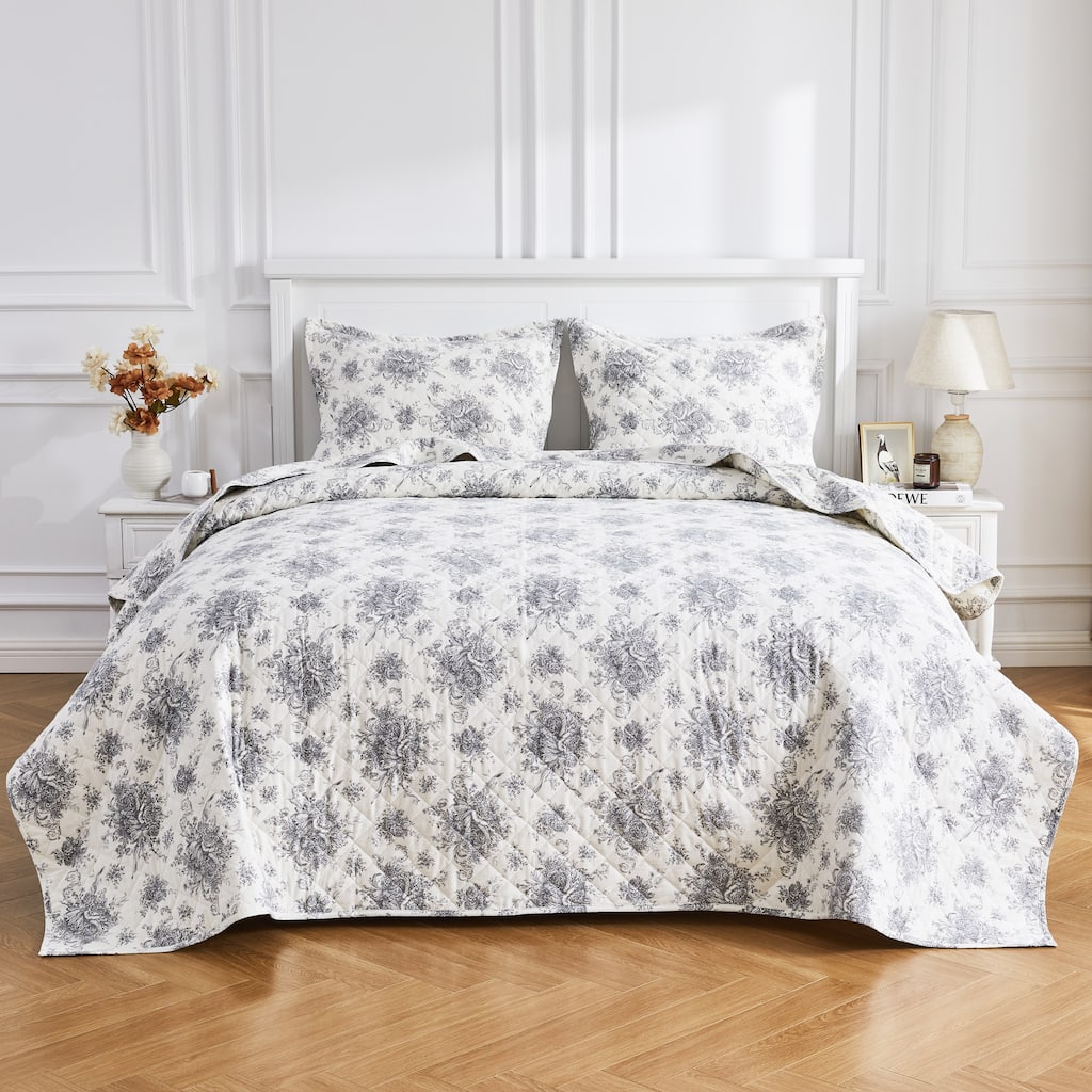All Cotton Flannel Petit Floral Quilt Set Gray