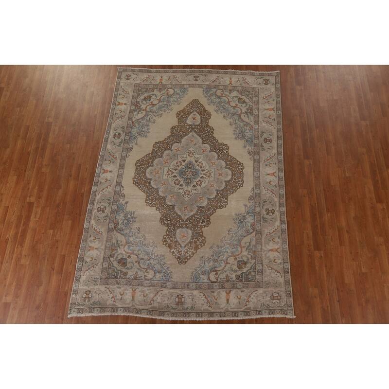 Vintage Medallion Distressed Tabriz Persian Rug Handmade Wool Carpet - 6'6" x 9'6"