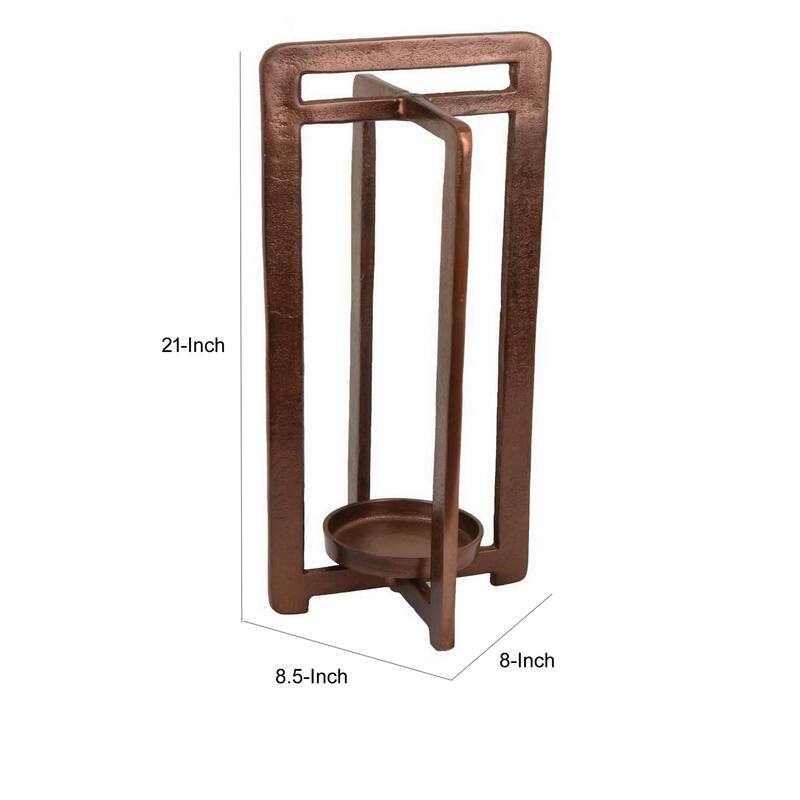 Eya 21 Inch Modern Tabletop Candle Lantern with Round Plate, Copper Metal