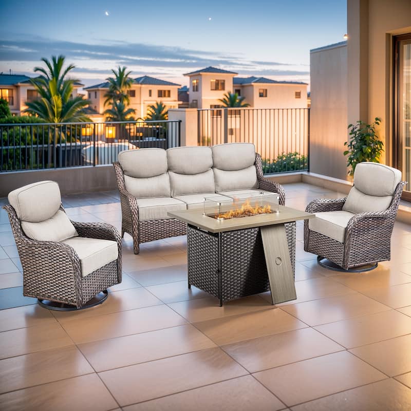 Pocassy 4PCS Outdoor 6Inch Sofa Swivel Chair w/ Fire Pit Table - Beige cushion - Brown Wicker