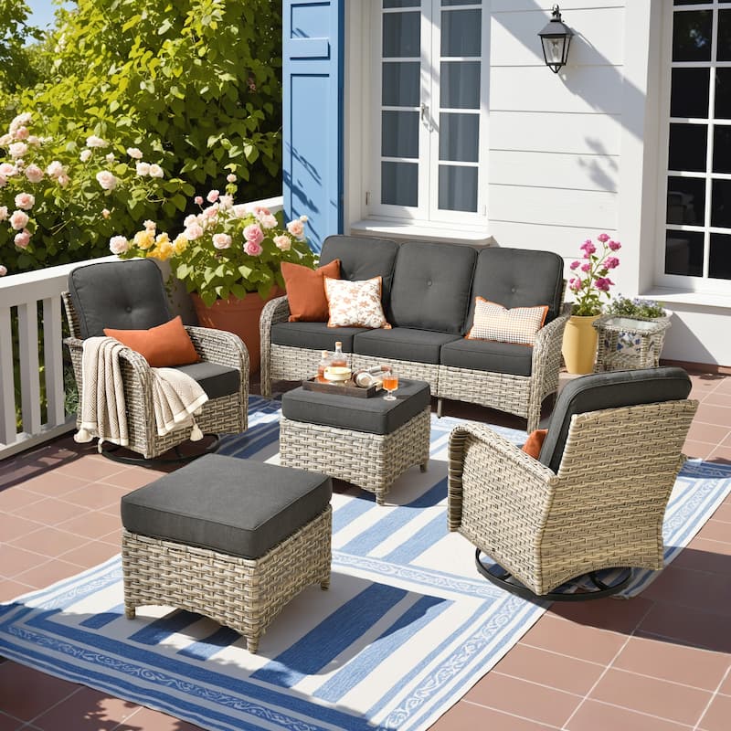 HOOOWOOO 6-piece Outdoor Furniture Wicker Rattan Swivel Chair Set with Ottoman - Black