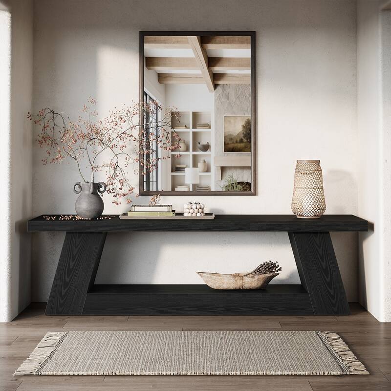 63" Extra Long Wooden Entryway Bench, 2-Tier Storage Shelf Hallway Seating Bench for Living Room, Bedroom, Kitchen