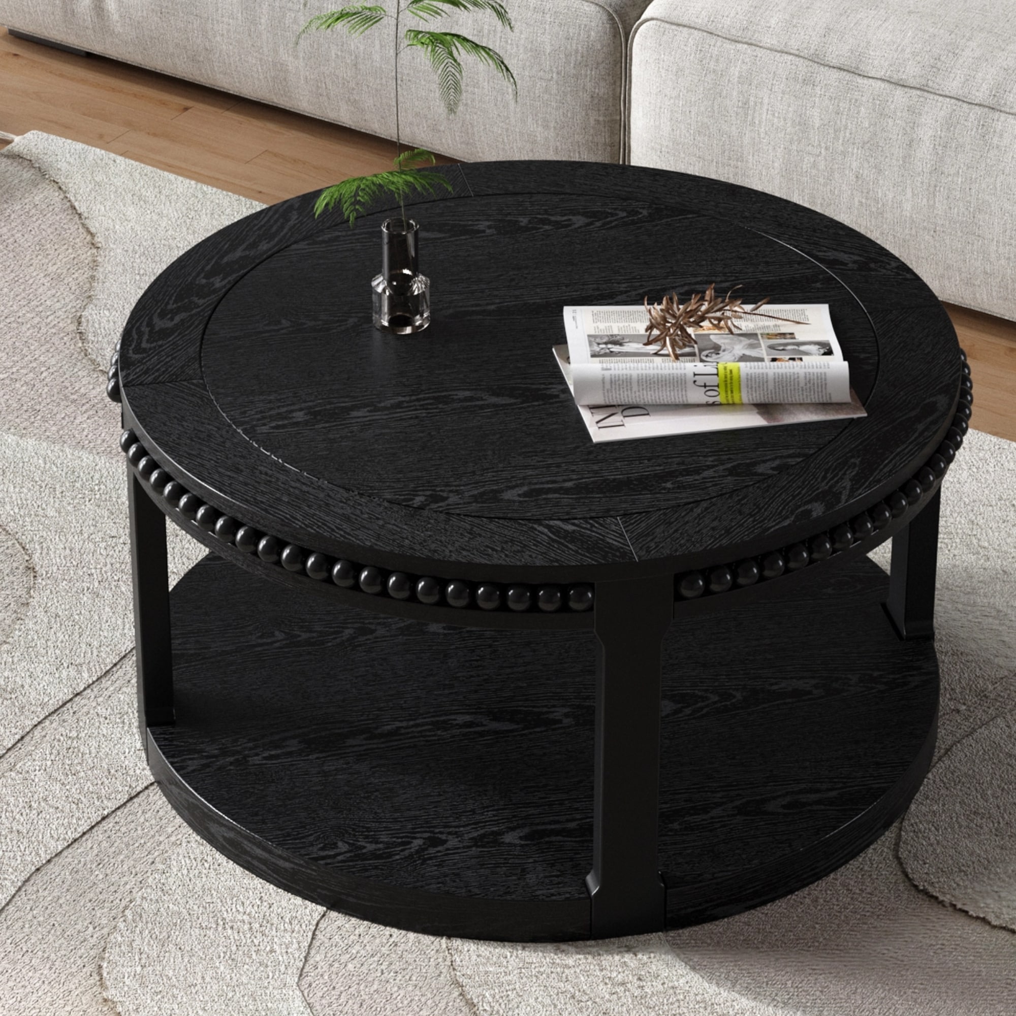 31.5 Inch Round Solid Wood Coffee Table with Two-Tier Thickened Top
