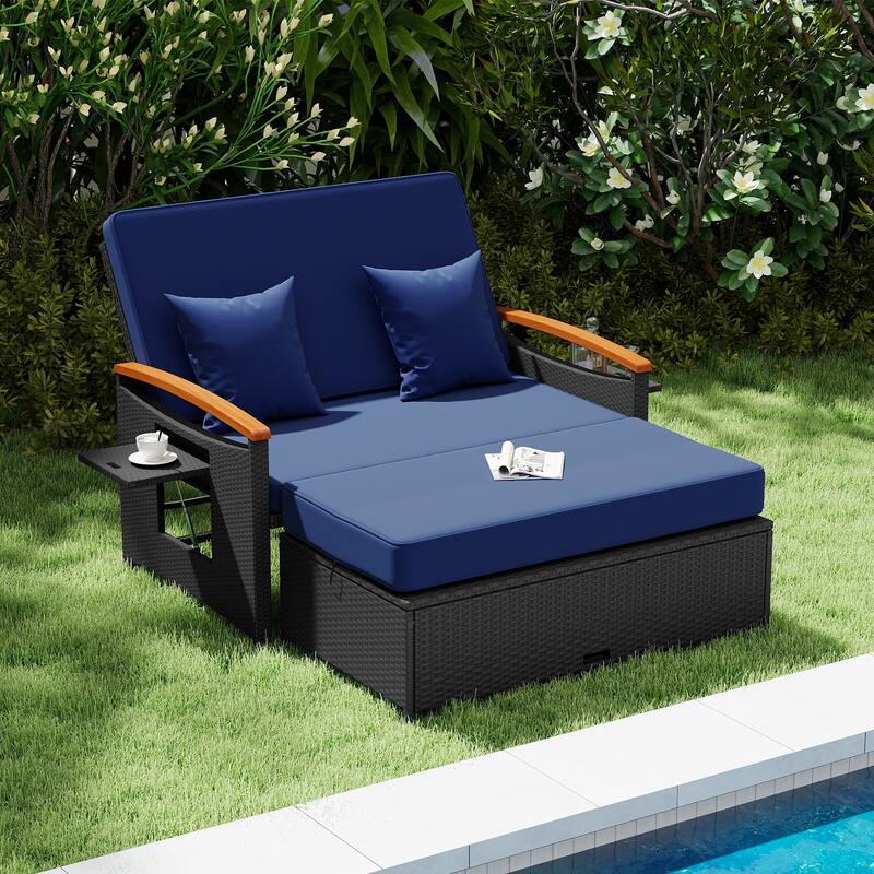 Gymax Patio Rattan Daybed Set w/Cushioned Loveseat & Storage Ottoman