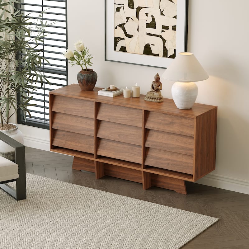 59”Mid Century Sideboards,Brown Wood Cabinets with 9 Drawers