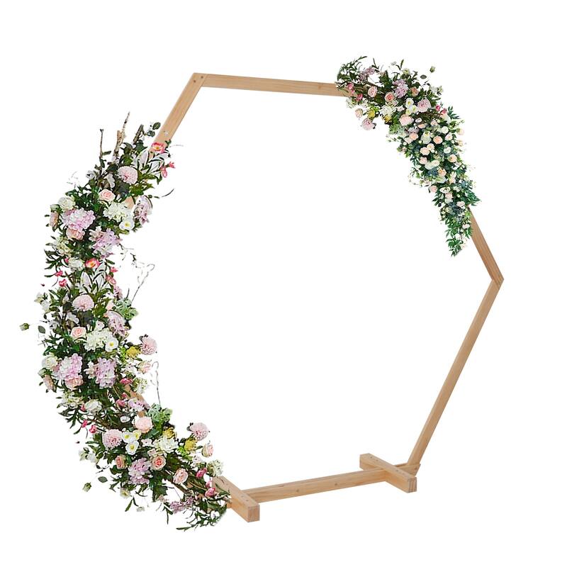 Hexagonal Wooden Wedding Ceremony Arch Backdrop Stand Garden Arbor - Natural Wood - 96.5x82.6 inch