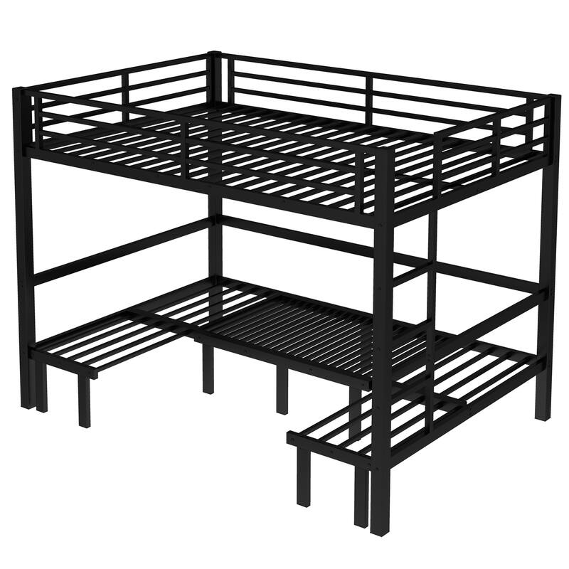 Queen over Queen Pull-Out Metal Bunk Bed with Safety Rails and Convertible Lower Bunk