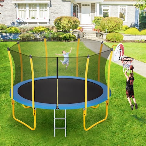 12FT Trampoline for Kids with Safety Enclosure Net, Basketball Hoop and Ladder