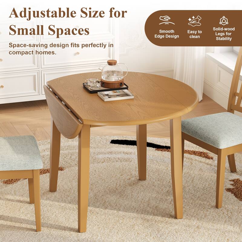 Extendable Round Wood Dining Table with Folding Leaf for Small Spaces