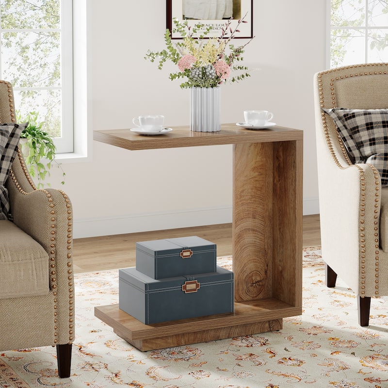 C-Shaped Side Table, 2-Tier Narrow End Table Wood Bedside Table