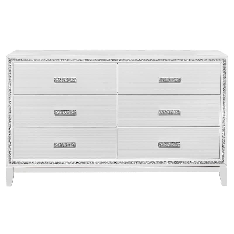 HomeRoots 63" White And Silver Faux Crystal Bling Wood Six Drawer Double Dresser