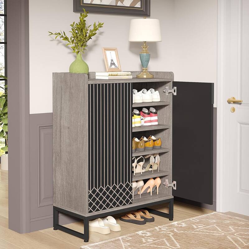 25 Pairs Shoe Cabinet with Doors, White 5-Tier Wood Shoes Organizer