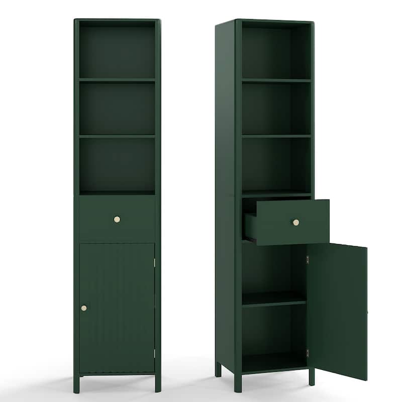Modern Tall Bathroom Storage Cabinet with Drawer Adjustable Shelves and Wave Fluted Door Green - 16" x 12" x 67"