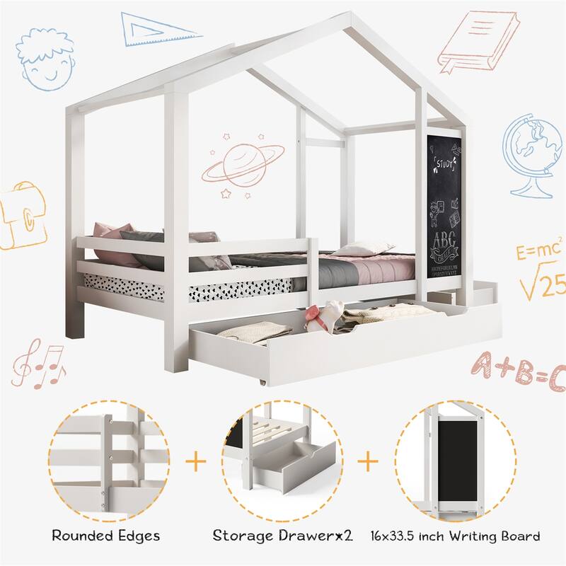 Twin House Bed with Blackboard and Drawers,Two assembly options