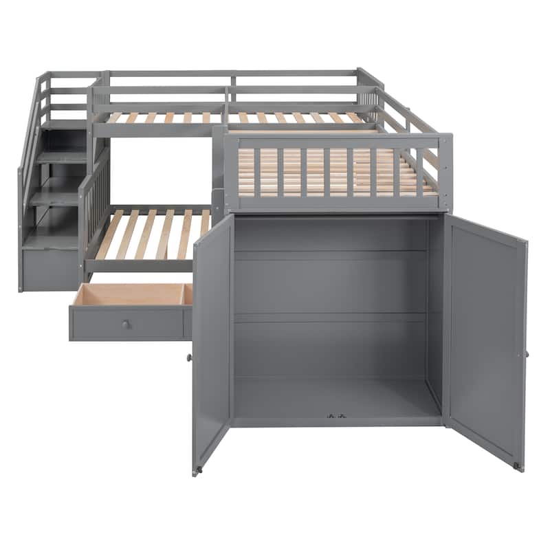 L-Shaped Twin-Twin Over Full Bunk Bed with Drawers, Desk, and Wardrobe in Gray
