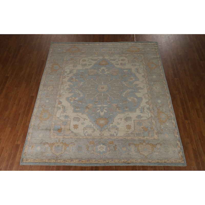 Hand Knotted Oriental 100% Wool Carpet Transitional Floral Navy Blue & Blues Oushak Area Rug - 9' 8'' X 8' 7''