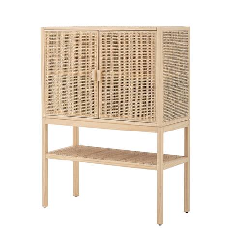 30"H Woven Rattan & Pine Wood Cabinet with 3 Shelves & 2 Doors