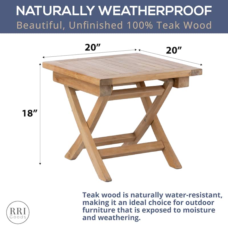 RRI Goods Teak Wood Folding 20" Square Coffee Table Portable Wooden Table For Backyard, Front Porch, Balcony