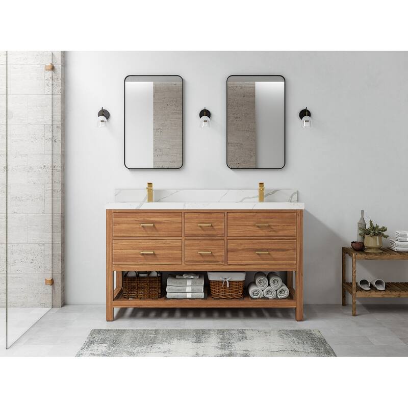 Willow Collections 60 in. W x 22 in. D Parker Solid Teak Double Sink Bathroom Vanity with Countertop