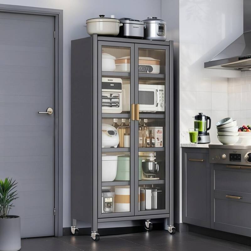 65" Metal Pantry Cabinet - 6-Tier with Wheels & Glass Doors - Grey