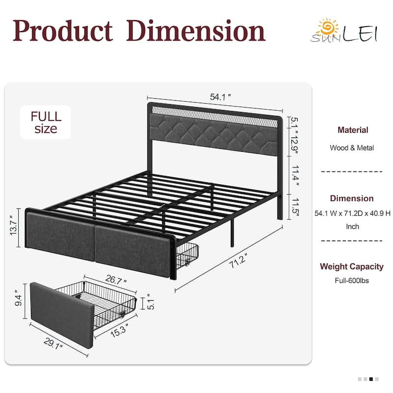 Full & Queen Size Bed Frame with LED Headboard, USB Charging – Modern Platform Bed Base with Under-Bed Clearance