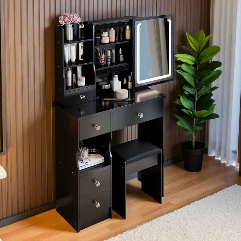 Small Vanity Desk with LED Mirror and Stool, 29.2" Dressing Table with Drawer and Adjustable Lighting