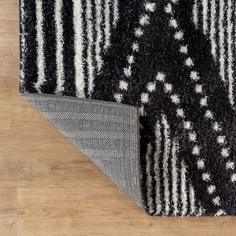 Geometric Shag Area Rug - Durable for Living Room, Bedroom - Polyester with Jute Backing - Anthracite Dark Gray and White