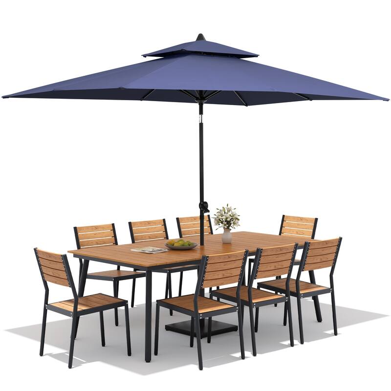 11PC Outdoor Patio Dining Set Aluminum Table with Stackable Chairs w/ Market Umbrella Set