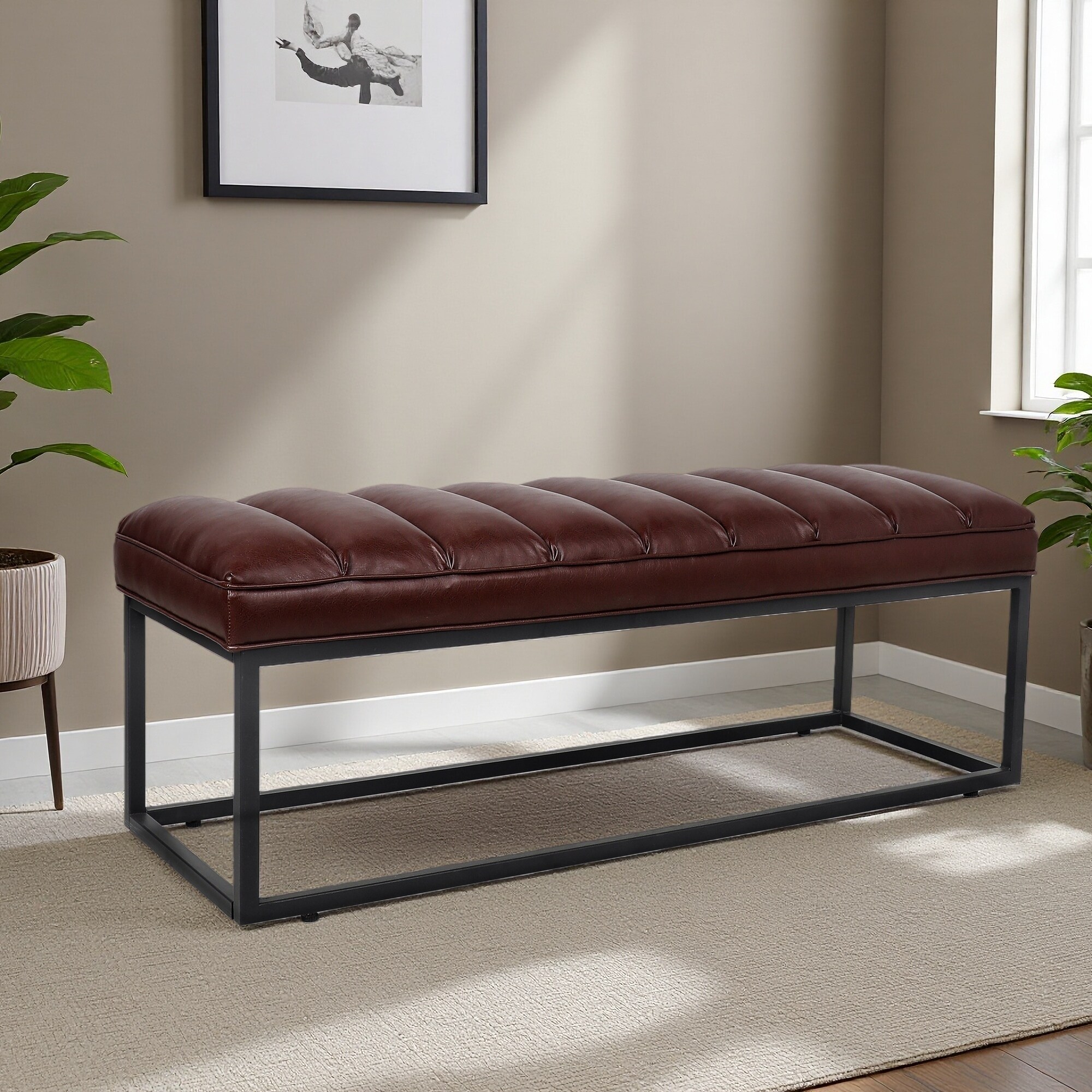 53.54"L Metal Base Upholstered Bench with High-Quality Sponge Cushion for Bedroom, Available in Cashmere, Flannel, or PU Fabrics