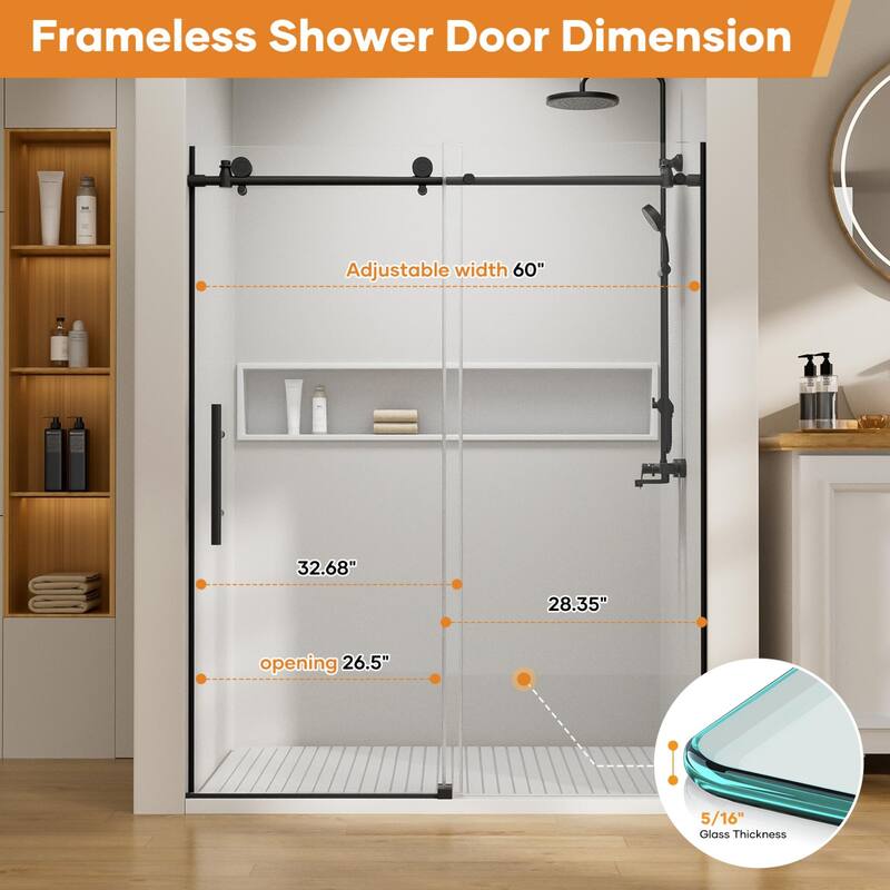 56"-60" W x 76" H Single Sliding Frameless Shower Door 8mm Thickened Upgrade Tempered Glass Stainless Steel Hardware