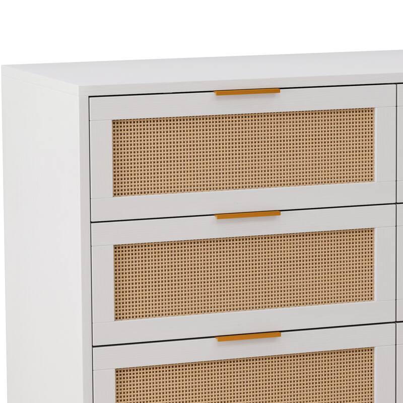 43.31" Rattan Chest of Dresser with Storage, 6 Drawer Dresser for Bedroom, White