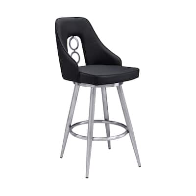 Faux Leather Barstool with Metal Tapered Legs, Black and Silver