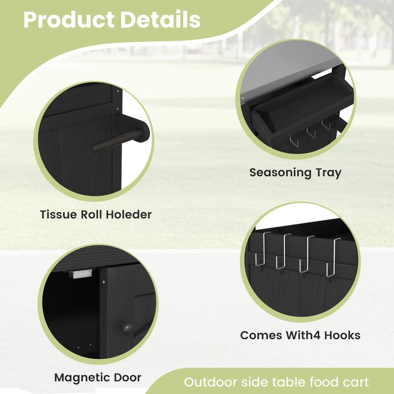 Outdoor Kitchen Cart with Stainless Steel Top, HDPE Patio Serving Cart with Storage