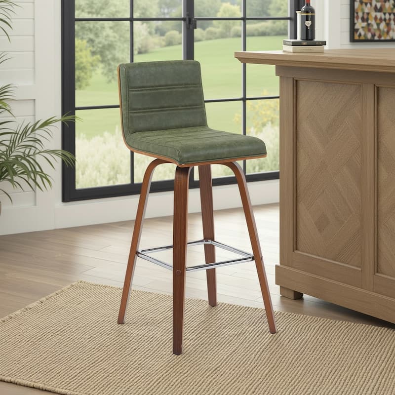Skara Swivel Bar Stool, Upholstered Bar Height Chair with Bentwood Frame - Vintage Green & Walnut
