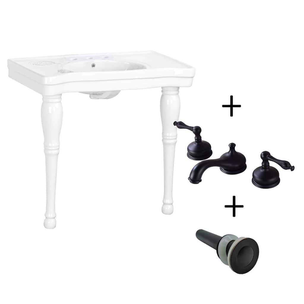 Bathroom Console Sinks Deluxe Belle Epoque White with White Solid Wood Spindle Leg and 8" Widespread Faucet Renovators Supply