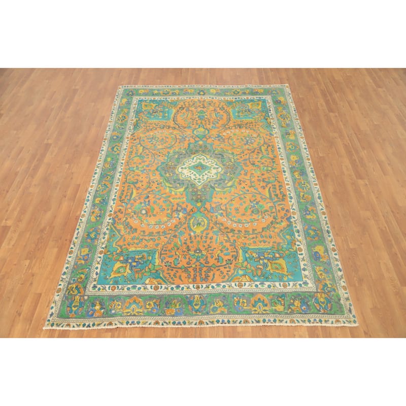 Hand Knotted Oriental 100% Wool Carpet Traditional Floral Oranges & Rust Tabriz Area Rug - 9' 2'' X 6' 3''