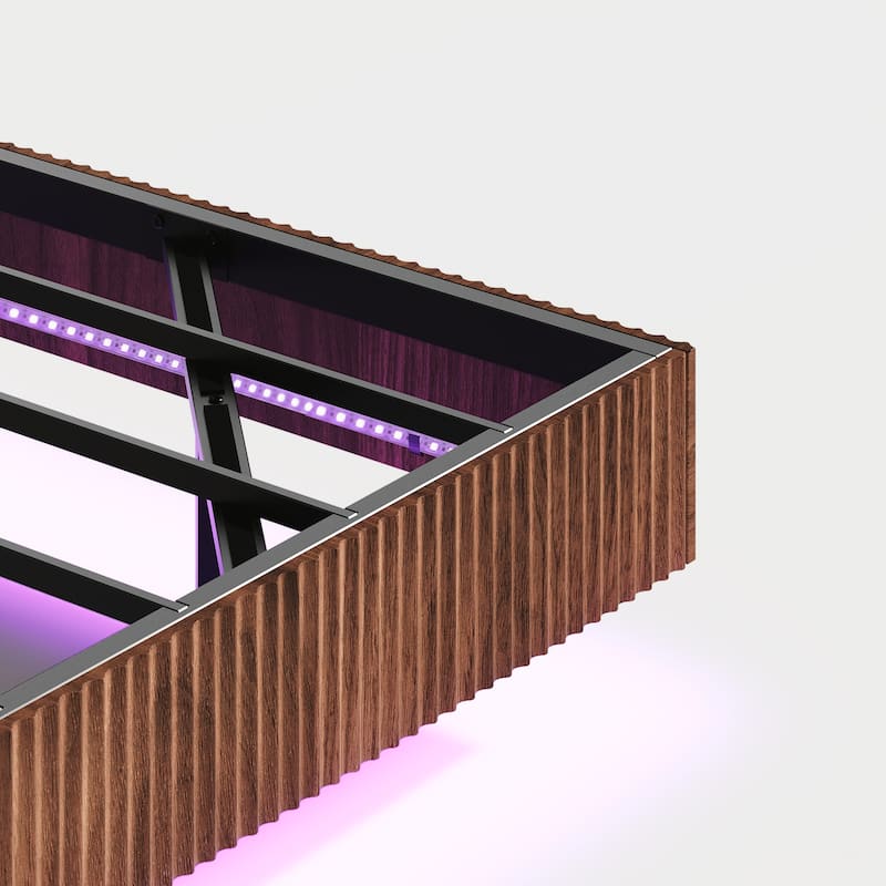 Walnut Queen Floating Bedstead, With Charging Station And Led Lights, Wavy Headboard, With Heavy Metal Flat Noodles