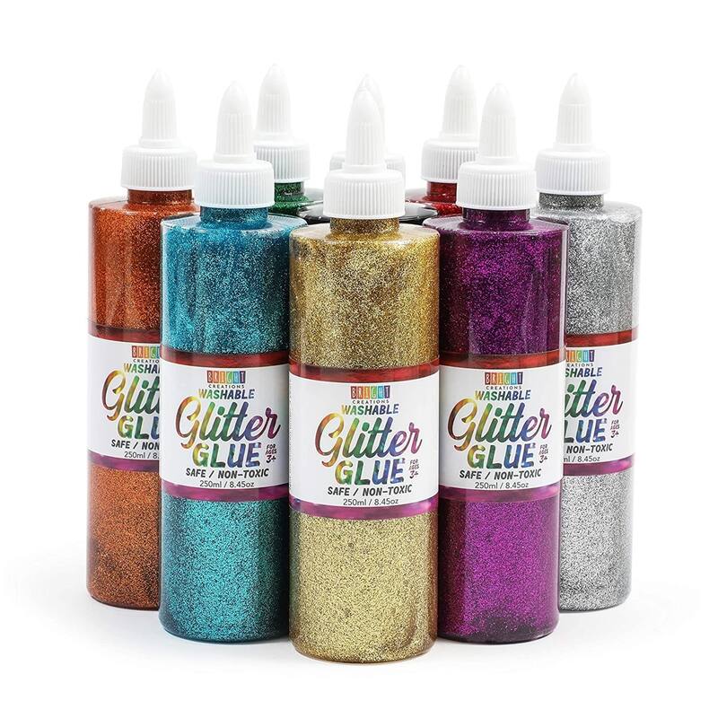 Bright Creations 8 Pack Metallic Art Glue Glitter Bottles - Multicolor for Crafts (8 oz, 16 Caps)