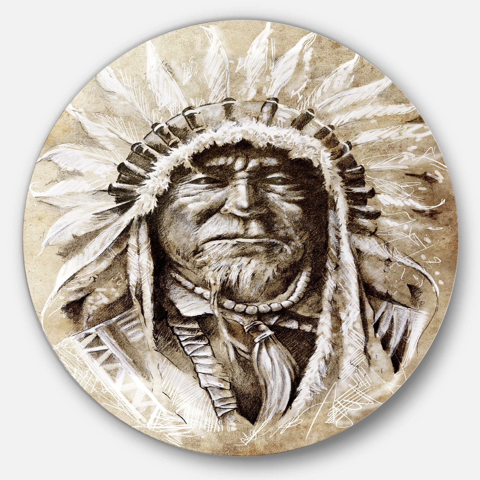 Designart undefinedAmerican Indian Head Tattoo Sketchundefined Portrait  Disc Metal Artwork - Overstock - 14263021