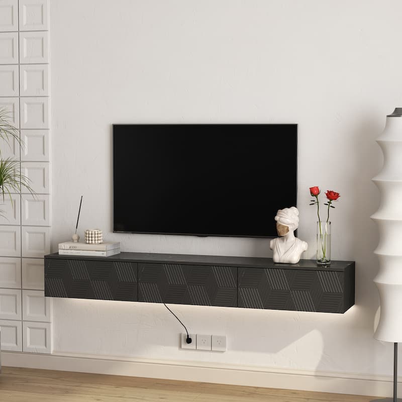 Modern Floating Wall-Mounted TV Cabinet, for 55/60/65 Inch TVs, with 16-Color LED Lighting, for Living Rooms, Black
