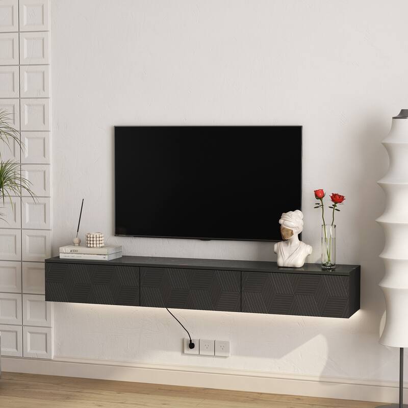 Wall Mounted Floating TV Console with 16-Color LED Lights, 67" Modern Media Shelf with Storage & Cable Management