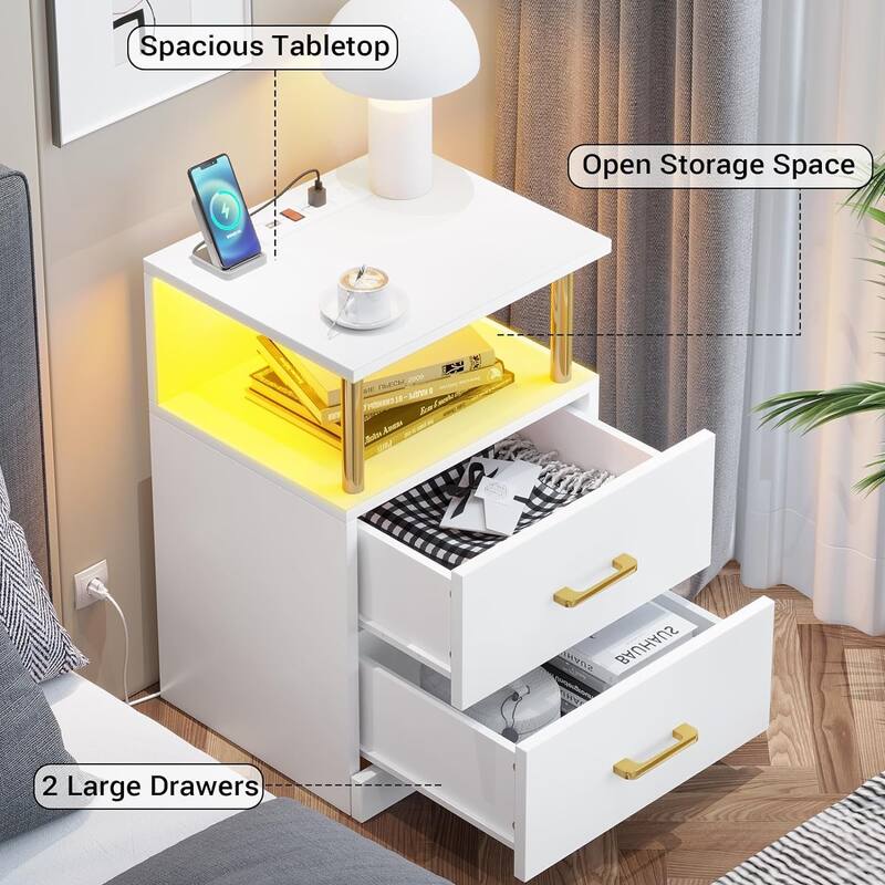 Nightstand with Open Storage 2 USB Ports Outlets 2 Drawers LED Light
