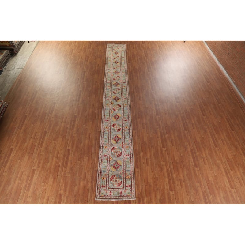 Hand Knotted Oriental 100% Wool Carpet Traditional Geometric Multi-Colored Kazak Runner Rug - 19' 10'' X 2' 6''
