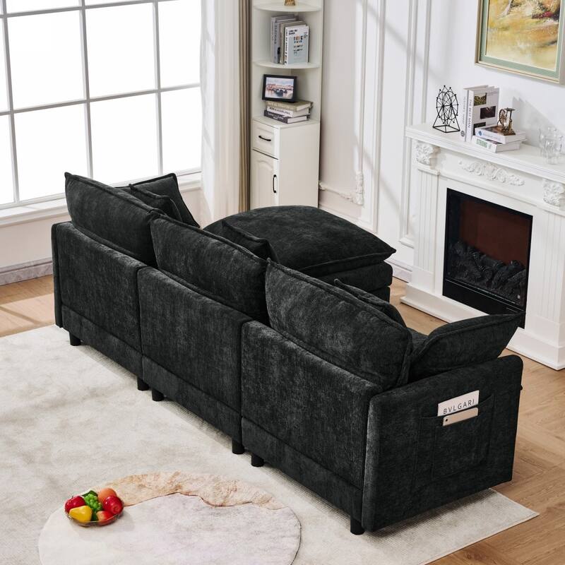 101.9" L-shaped Cashmere Sectional Sofa with Pillows and Movable Ottoman