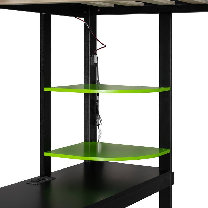 Roomfitters Full Gaming Loft Bed with Desk, Open Wardrobe, RGB LED and USB Ports, Space Saving Sleeper