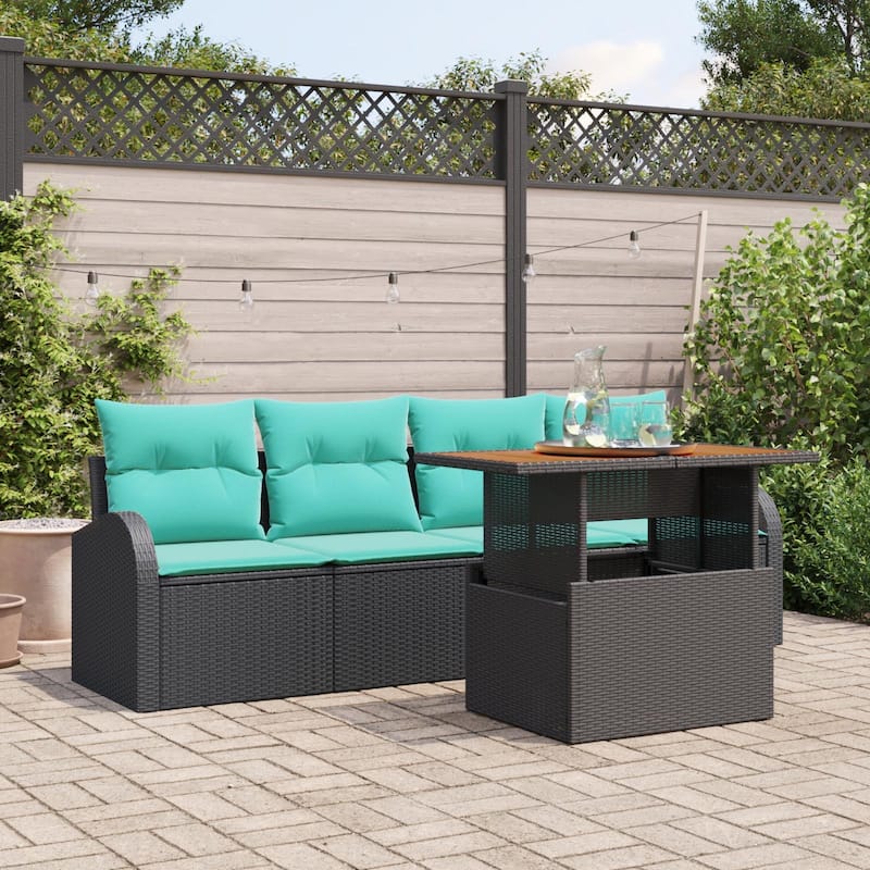 vidaXL 5 Piece Garden Sofa Set with Cushions Black Poly Rattan - 92.1×24.4×27.2