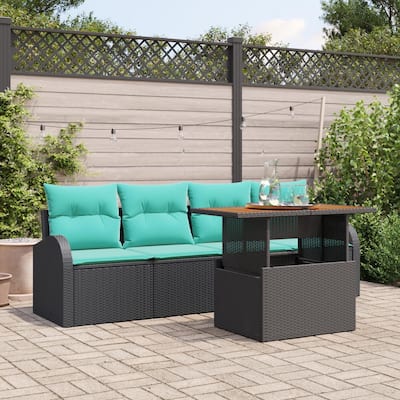 vidaXL 5 Piece Garden Sofa Set with Cushions Black Poly Rattan - 92.1×24.4×27.2