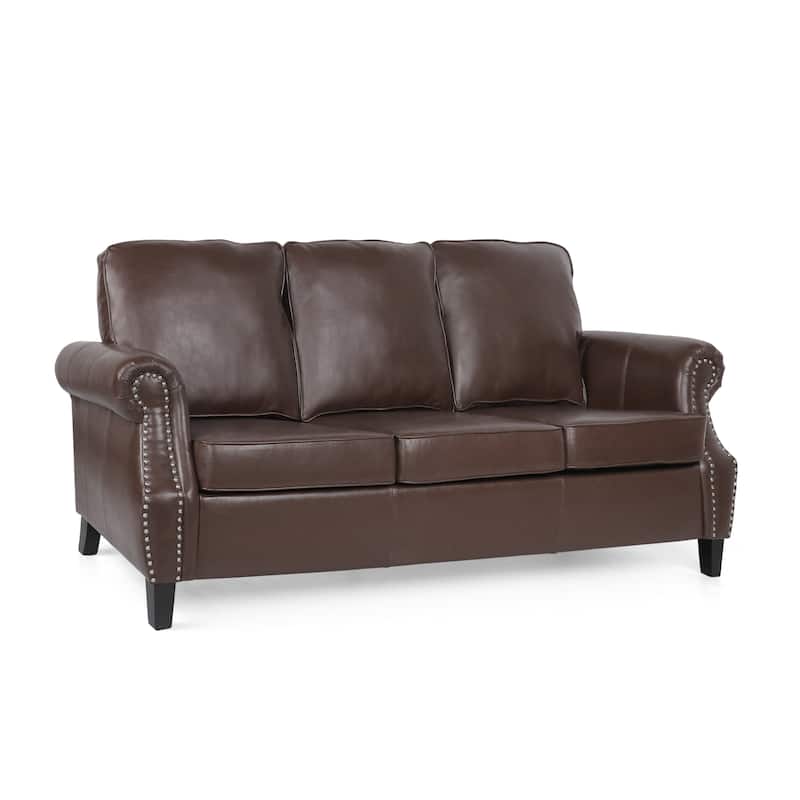 Faux Leather Sofa with Nailhead Trim and Wood Legs for Chic Living