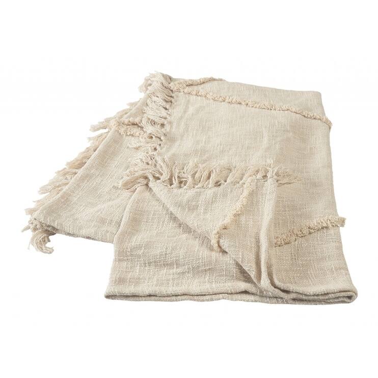 HomeRoots 60" X 50" Cream Woven Cotton Throw Blanket with Fringe
